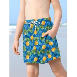 BesserBay Summer Boys' Swimming Trunks with Compression Liner Pockets UPF 50+ Swimming Board Shorts 120-160, Blue Floral Pineapple, 150