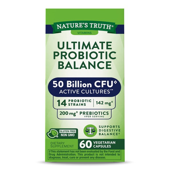 Nature's Truth Probiotic 50 Billion CFU | 200mg Prebiotics | 60 Capsules | Vegetarian, Non GMO & Gluten Free Supplement for Men and Women | Supports Digestive Balance