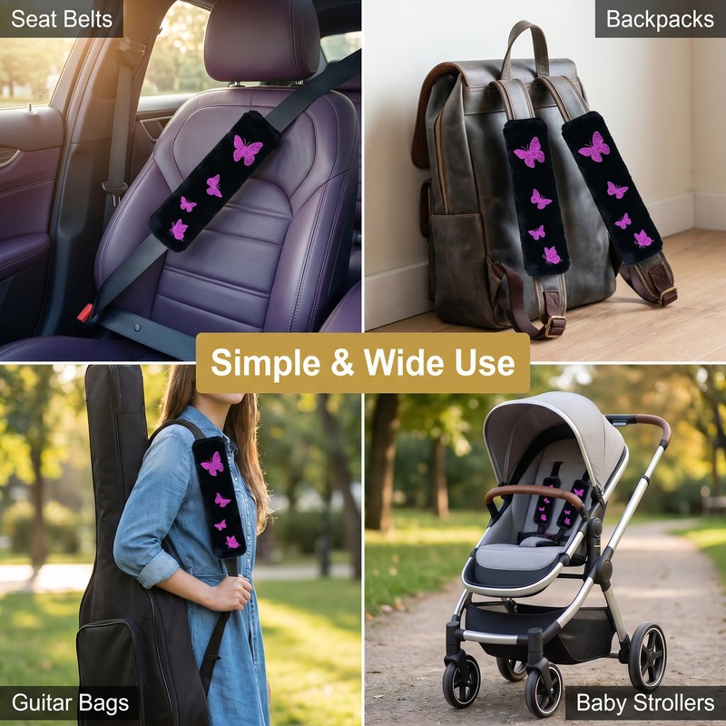 Prestrix Butterfly Glitter Seat Belt Strap Cover Pad, Fluffy Purple
