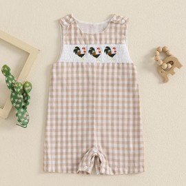 Thilsidee Infant Baby Boy Girl Overalls Outfit Sleeveless Farm Romper Plaid Straps Jumpsuit One Piece Playsuit Summer Clothes (A-Khaki Rooster, 12-18 Months)