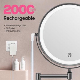 FASCINATE Rechargeable Wall Mounted Makeup Mirror with Lights and Magnification, 8 Inch Double Sided 1X 10X Magnifying Bathroom Mirror with 3 Color Lights & 360° Rotation Vanity Mirror - Black