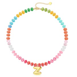 Beaded Necklaces for Women Bubble Letter Necklace Gold with Z Initial Necklaces for Teens Colorful Gemstone Bead Choker Stocking Stuffers for Teens Birthday Gifts Christmas Jewelry