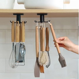 EigPluy 2pcs Under Cabinet Kitchen Utensil Hooks,360° Rotating Drilling Free Adhesive Utensils Hanging Rack for Tools/Towel/Knife (Black)