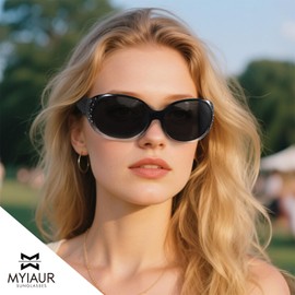 Myiaur Women's Polarised Wraparound Frame UV400 Protection Trendy Glitter Accents, A02 Gradient Black Frame Grey Lens
