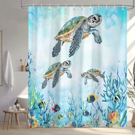 Raoycla Blue Ocean Sea Turtle Nautical Theme Shower Curtain, Coastal Beach Fish Teal Waterproof Fabric Bathroom Decor Under The Sea with 12 Hooks, 72x72 inch