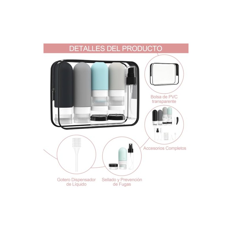 Juego de 17 Kit de Viaje Aseo Personal Mujer, Botellas