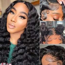 OLFORY Deep Wave Wig Lace Front Wigs Human Hair Wigs for Black Women 13x4 HD Transparent Lace Frontal Wigs Human Hair Pre Plucked 200% Density Loose Deep Wave Glueless Wigs Natural Black Color 24 inch