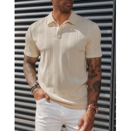 Mens Short Sleeve Textured Polo Shirts Classic Fit Soft Touch Golf Shirts Beige