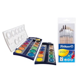 Pelikan Unisex Youth K24 720631 24 Quality Colours and 1 Tube of Opaque White (7.5 ml), DIN 5023 (Deck Paint Box + Brush Set 10 Pieces), Multicoloured