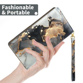 Nipichsha Womens Wallet, RFID Wristlet Wallet for Women, Cute Ladies Purse, Large Credit Card Clutch Purse, Leather Card Holder Wallets with Zipper & Phone Holder, Black Gold Marble