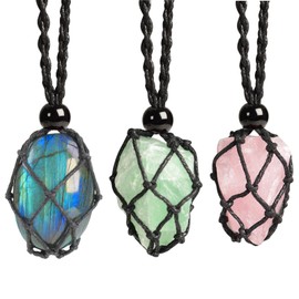 Anjiucc Natural Raw Gemstone Crystal Pendant Necklace Stone Holder Necklace Cord Hand-Woven Necklace with Adjustable Length for Women Men(Set 3)