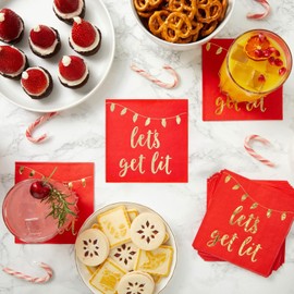 50 Pack Paper Christmas Cocktail Napkins for Holiday Party Supplies, Gold Foil Lets Get Lit (Red, 5 x 5 In)