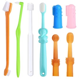 Qubccum 8 Pack Small Dog & Cat Toothbrush Kit, 360º Pet Toothbrush/Mini Head/Dual Head / 10000 Ultra-Soft Bristles Tooth Brush/Finger Toothbrushs for Cat Kitten Doggie Dental Care, Oral Hygiene