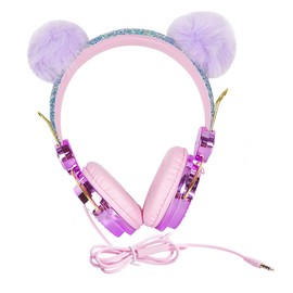 KONTONTY Rhinestone Headphones with Furry Ball Ear Headset for Compatible with Smartphones Tablets Computers for Boys