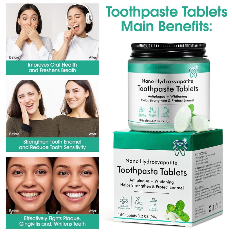 150P Toothpaste Tablets-Nano Hydroxyapatite,Chewable Toothpaste Tablets for Sensitive Teeth,Flouride&Plastic Free,Travel