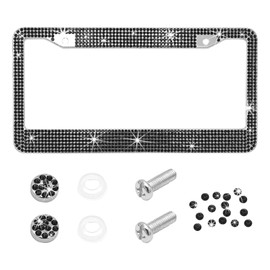 NYTKL Bling Car License Plate Frame, Handcrafted Crystal Car Tag Frame with Sparkly Screw Caps, Shiny Rhinestone Stainless Steel Licence Plate Holder Decor for Women Girls (Black)