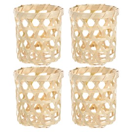 Luxshiny 4 Pcs Wicker Woven Tea Light Candle Holder Decorative Woven Votive Candle Holder Rustic Rattan Glass Votive Candle Holders Hurricane for Dining Table Kitchen Decor