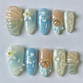 Medium Almond Press on Nails SWEKKE 3D Floral Fake Nails Blue False Nails with Starfish Water Drop Designs Summer Glossy Glue on Nail Full Cover Stick on Nail for Women Girls 30Pcs