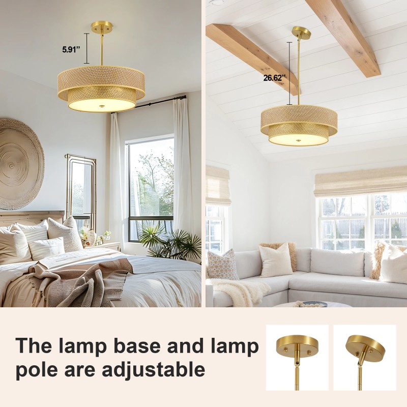 17.7 Inch Woven Rattan Linen Semi Flush Mount Ceiling Light