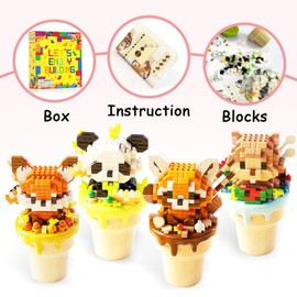 4 Packs Micro Cute Animals Building Set with Ice Cream Cup Base - Panda, Hamster, Raccoon, Fox, Creative Buidling Blocks Party Favors for Goodie Bags Stocking Stuffers Classroom Prizes Birthday Gifts