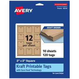 Avery Printable Square Tags with Sure Feed Technology, 2" x 2", Kraft Brown Cardstock, Print-to-The-Edge, Laser/Inkjet, 120 Total, Great for Custom Gift Tags and Branding Tags