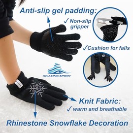 SkatingSpirit - Guantes de gel acolchados antideslizantes con copos de nieve de diamantes de imitación (1 par), elásticos y cálidos para niños y adultos brillantes (negro, S)