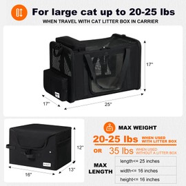 pidipiti 25''(L) x 17''(W) x 17''(H) Extra-Large Expandable cat Carrier for car Travel,with a Leakproof Portable Tall-Side Litter Box and Foldable Food Bowl(Black)
