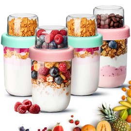 ComSaf 4-Pack 16 oz Overnight Oats Containers with Lids, Dual-Laryer Chia Pudding Jars with Dry and Wet Separation, Yogurt Parfait Cups for Oatmeal Cereal Nut Fruit, Meal Prep Glass Jars for Salad