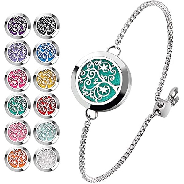 ttstar Essential Oil Diffuser Bracelet Stainless Steel Aromatherapy Locket Adjustable Bracelet Set for Mother's Day with 24 Refill Pads (Tree of Hope)