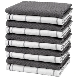 ZOLLNER Set of 10 Tea Towels, 45 x 60 cm, Cotton, 5 x White / Grey Chequered, 5 x Grey