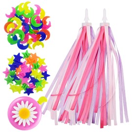 Zliger Children's Bicycle Bell, Bicycle Bell with 1 Pair of Bicycle Tassels with 2 Pieces Bicycle Windmill Spoke Clip Cute Flowers Bicycle Bell Bicycle Grips Ribbon