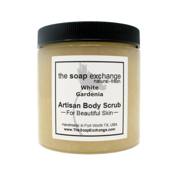 The Soap Exchange Sugar Body Scrub - White Gardenia Scent - Hand Crafted 8 fl oz / 240 ml Natural Artisan Skin Care, Shea Butter, Exfoliate, Moisturize, & Protect. Made in the USA.