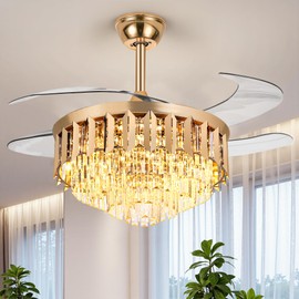 i-POOK Fandelier Ceiling Fan with Lights and Remote, 42'' Crystal Chandelier Fan with 4 Retractable Blades, 6 Wind Speeds, for Bedroom, Living Room, Gold