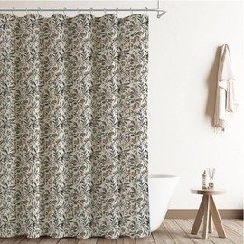 MUGINYU Vintage Floral Linen Shower Curtain, Antique Flower Block Print, Neutral Brown Traditional Boho Farmhouse Bath Decor, 72" W x 72" L