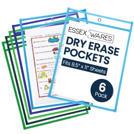 Essex Wares - 6 Pack, Blues & Greens, Water-Resistant Dry Erase Pocket Document Protectors, 10" Wide x 13.5" Tall - Dry Erase Clear Plastic Sleeves - Reusable & Easy Erase Plastic Invoice Holders
