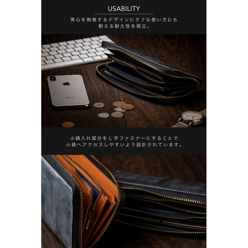 GRACIA Men's Genuine Leather Long Wallet, Bridle Leather, Round Zipper,