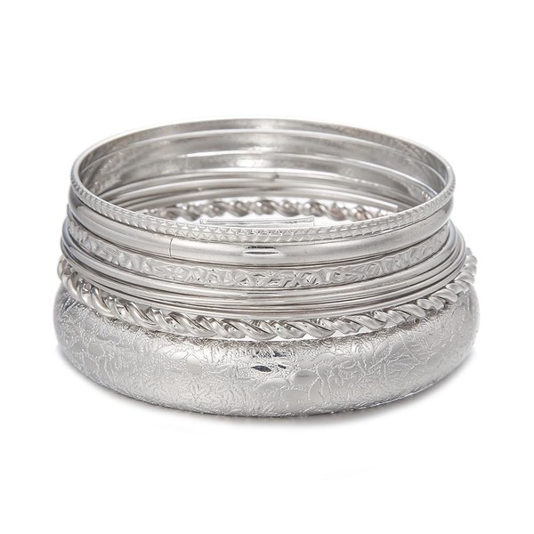 RINTOLER 10Pcs Silver Bangle Bracelets Set for Women - Chunky