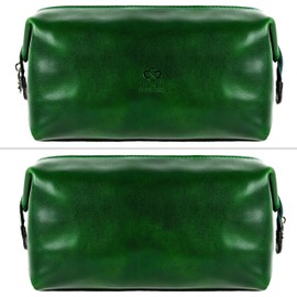 Time Resistance Leather Toiletry Bag Cosmetic Case Italian Classy Dopp Kit (Green)