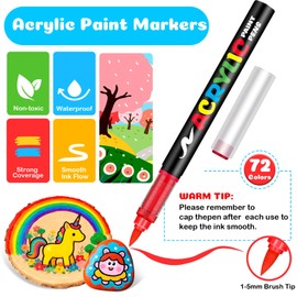 72 Colors Acrylic Paint Markers, Brush Tip Acrylic Paint Pens for Painting Rocks, Wood, Canvas, Glass, Fabric, Egg, Stone and DIY Crafts for Adults, Kids Art Supplies