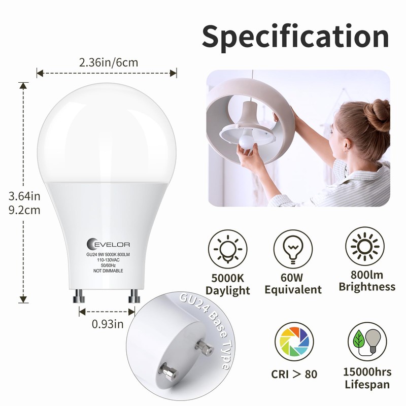 evelor GU24 LED Light Bulb,60 Watt Equivalent Daylight White 5000K,Non-Dimmable,Efficient