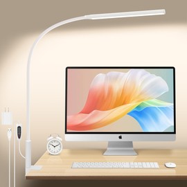 SEOUFRDZ Desk Lamp with Clamp, Stepless Dimming Desk Lamps for Home Office Adjustable Desk Light Eye Caring Desk Lamp Office Lamp with USB Adapter for Working Drawing Sewing (White)