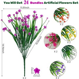 Smilmerry 24 Pcs Artificial Flowers for Outdoor,Plastic Flowers Decoration, UV Resistant Faux Flowers Shrubs, Artificial Plants for Indoor Outside Garden Home Wedding Farmhouse
