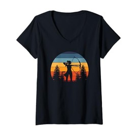 Donna Ragazza di tiro con l'arco, arco da arciere, tramonto retrò Maglietta con Collo a V