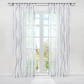 HongYa Pack of 1 Voile Curtain, Transparent Curtain with Ruffle Tape, Waves Print