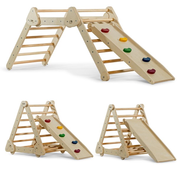 Avenlur Vicus: The Ultimate 4-in-1 Montessori Waldorf Style Indoor Gym Playset - Foldable Triangle Ladder, Rock Climbing Step, Ramp Climber, Reversible Slide - Durable Playground for Kids 18m - 4 yrs