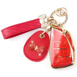 Rayslesan Key Fob Cover with Leather Holder Compatible with Airtag/RFID,Compatible with Chevy Tahoe Yukon GMC Yukon Denali GMC Yukon XL 1500,RFID Protector,Car Key Accessories(6-Button, Gold Red)