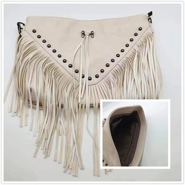 IAMUHI Casual Rivets Fringed Shoulder Handbag for Women/Girls,Soft Vegan Leather Hippie Crossbody Purse Bag Beige