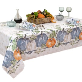 Newbridge Blue Pumpkin Vines Stone Washed Bordered Thanksgiving and Fall Season Fabric Tablecloth, 52 x 70 Inch Rectangle
