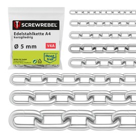 SCREW REBEL 5.0 mm Thick Stainless Steel Chain A4 Rustproof Link Chain 0.5 m Long Calibrated Hanging Basket Chain Short Link DIN 766 Hanging Chain V4A 50 cm Length