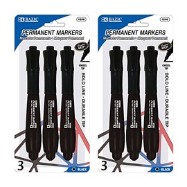 BAZIC Permanent Marker Chisel Tip, Jumbo Black Color Markers, Soft Grip Coloring on Plastic Wood Metal Glass Stone for Art Office (3/Pack), 2-Packs